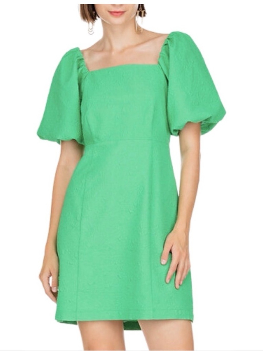 Jade Melody Tam Green Puff Sleeve Mini Dress Size Medium Square Neck Spring
